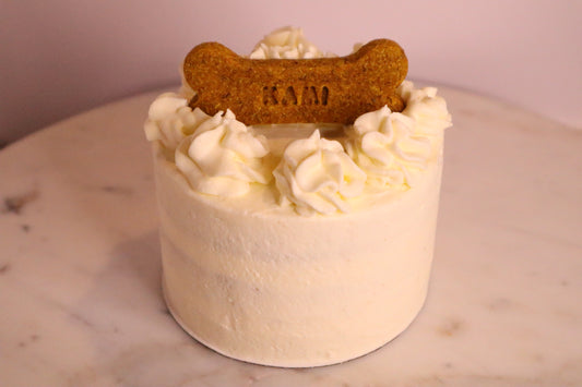 White minimalist dog birthday cake with a bone shaped biscuit on top