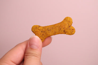 Image of a pup-kin spice biscuit that is bone shaped